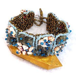 Vintage Y2K Natural Stone, Smoky Quartz, and Glass Beads Macrame Bracelet Cuff